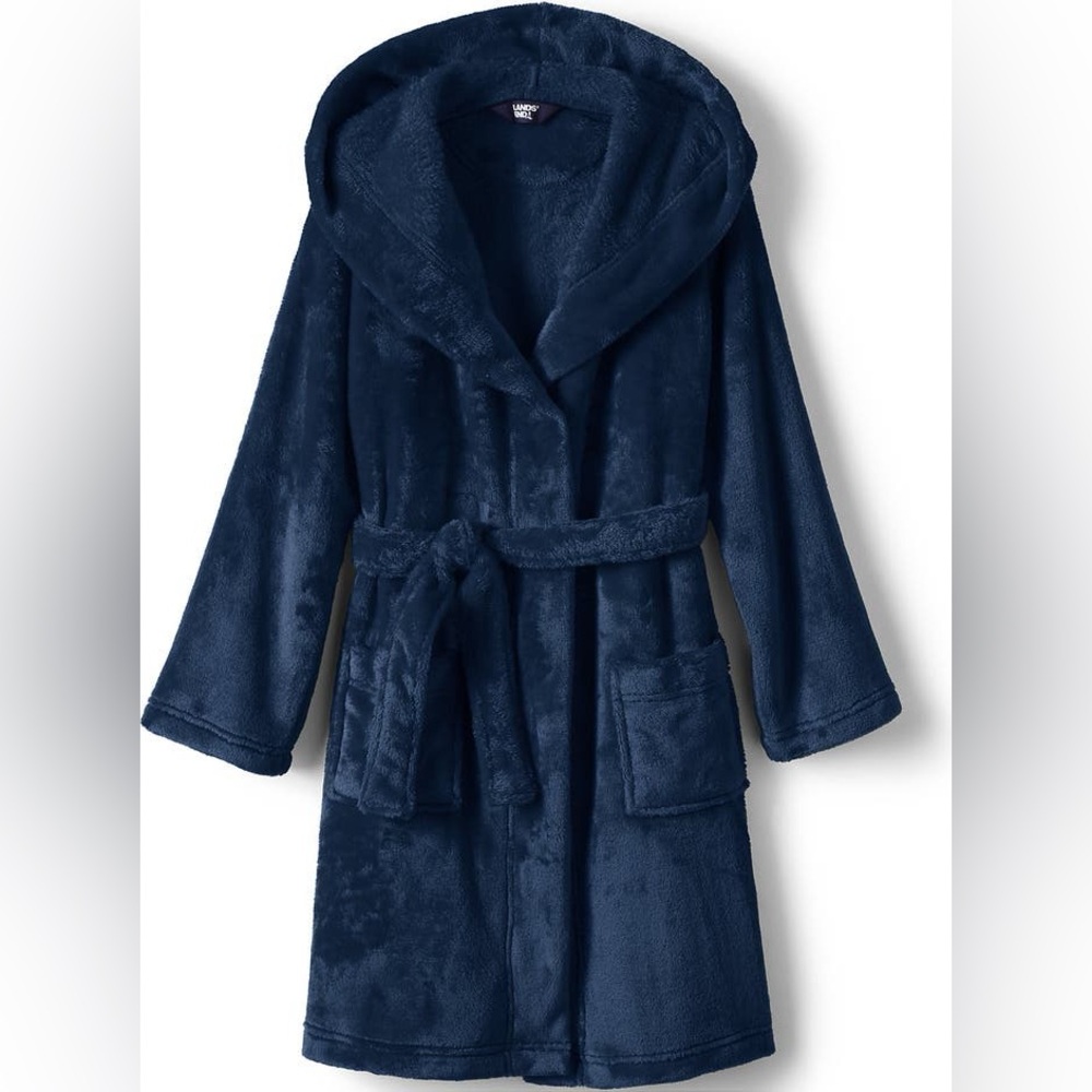 Lands'‎ End Cozy Plush Kids Navy Blue Hooded Robe size 14 unisex NWOT